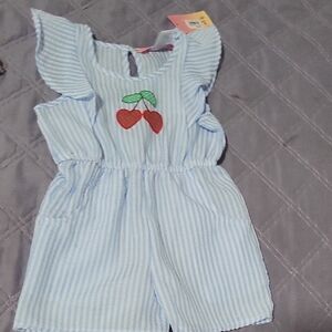 Blue Striped Kids Romper with Cherry Design